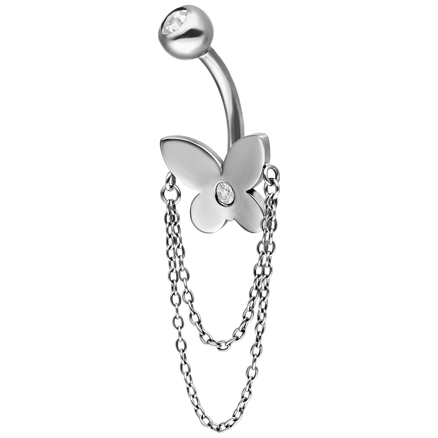 Banane avec papillon et chaînes en titane Banane en argent avec pendentif papillon et chaînes sur fond blanc