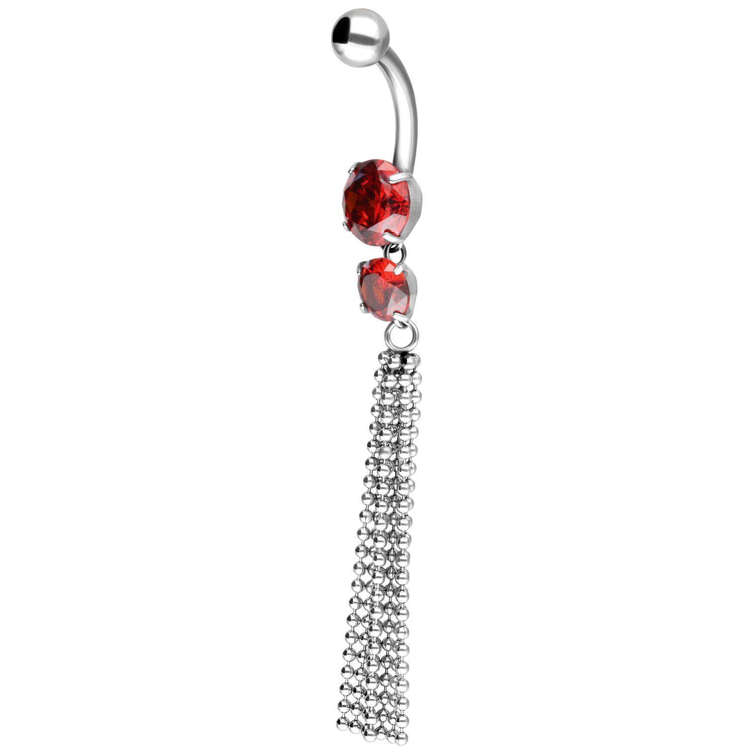 Banane en argent avec cristaux rouges et pendentif chaîne sur fond blanc