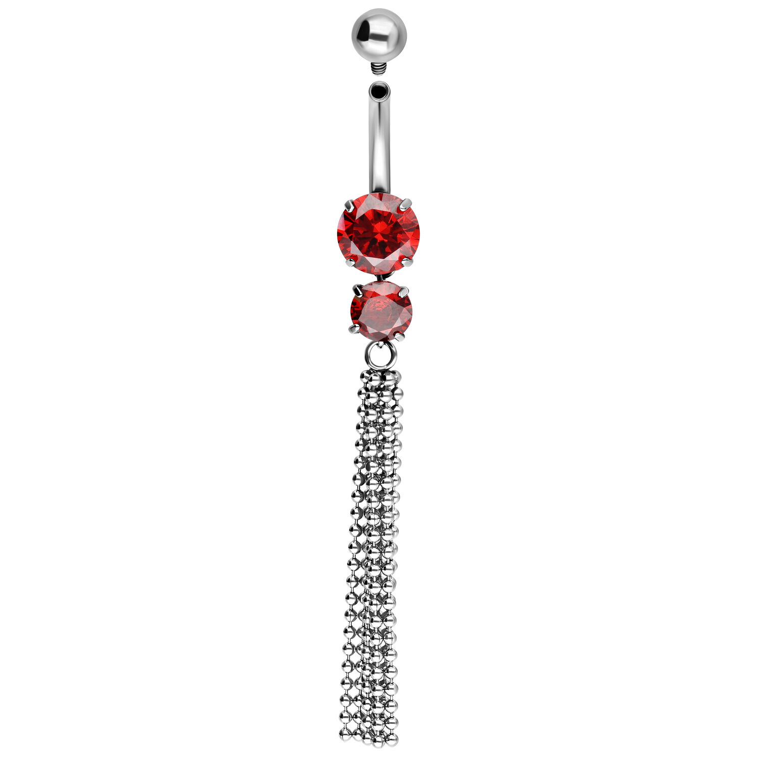 Banane en argent avec deux cristaux rouges et pendentif chaîne sur fond blanc