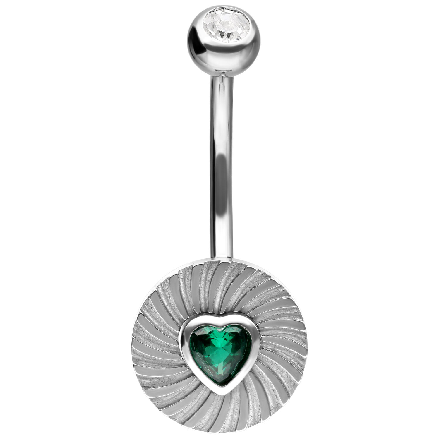 Bananabell en argent avec design de cœur nervuré et pierre vert émeraude sur fond blanc