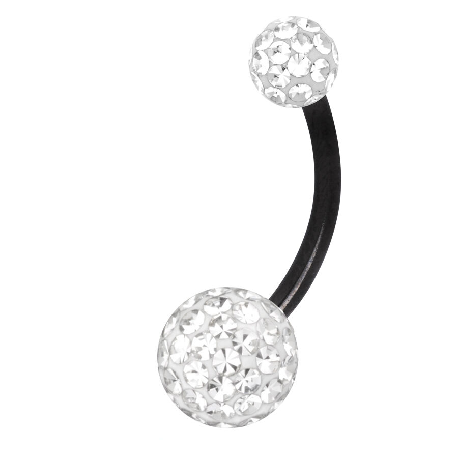 Banane en titane noir avec cristaux Piercing nombril en titane noir avec pierres claires, sur fond blanc