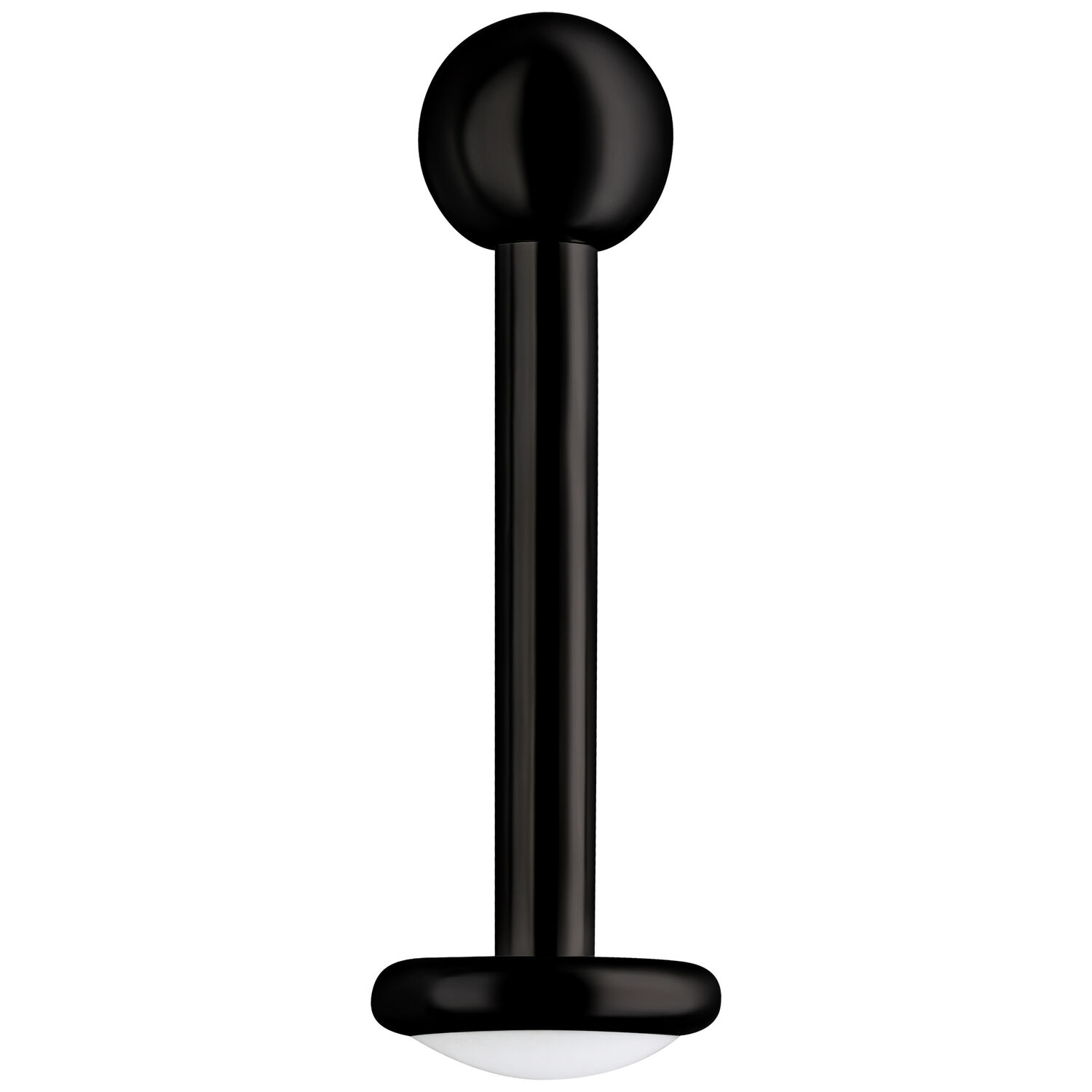 Labret piercing noir en titane 1,2 mm d'épaisseur Piercing labret noir en titane avec filetage externe sur fond blanc