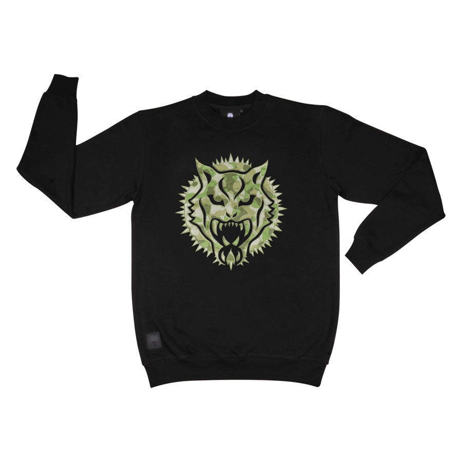 Sweat noir Wildcat avec motif lion Sweat unisexe noir avec motif lion vert sur le devant