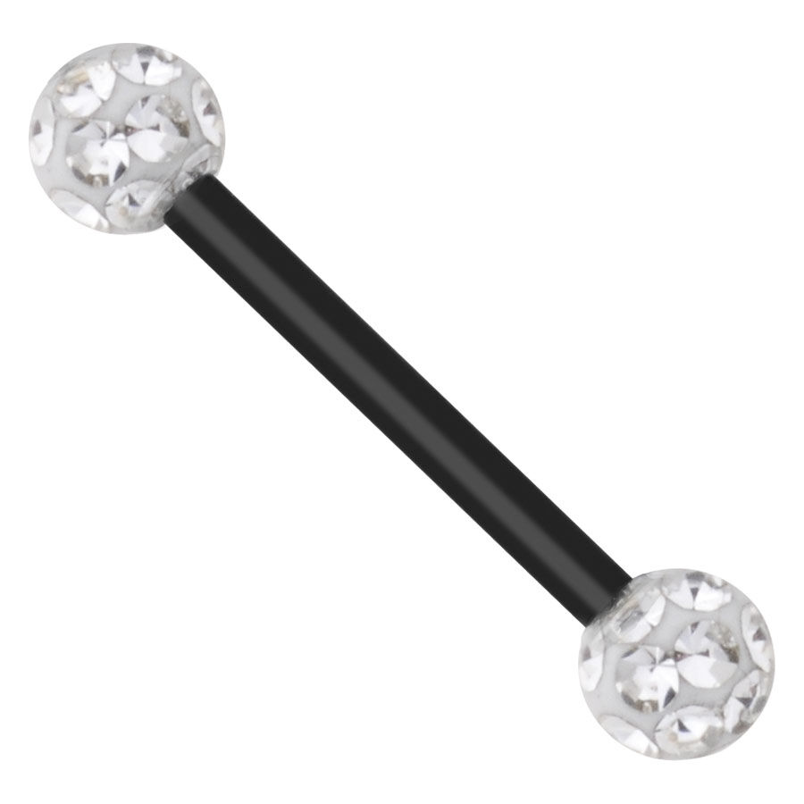 Piercing noir avec boules en cristal Barre noire avec deux boules ornées de cristaux sur fond blanc