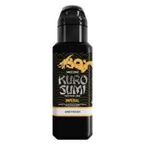 Bouteille d'encre de tatouage Kuro Sumi noire avec motif de dragon jaune sur fond blanc