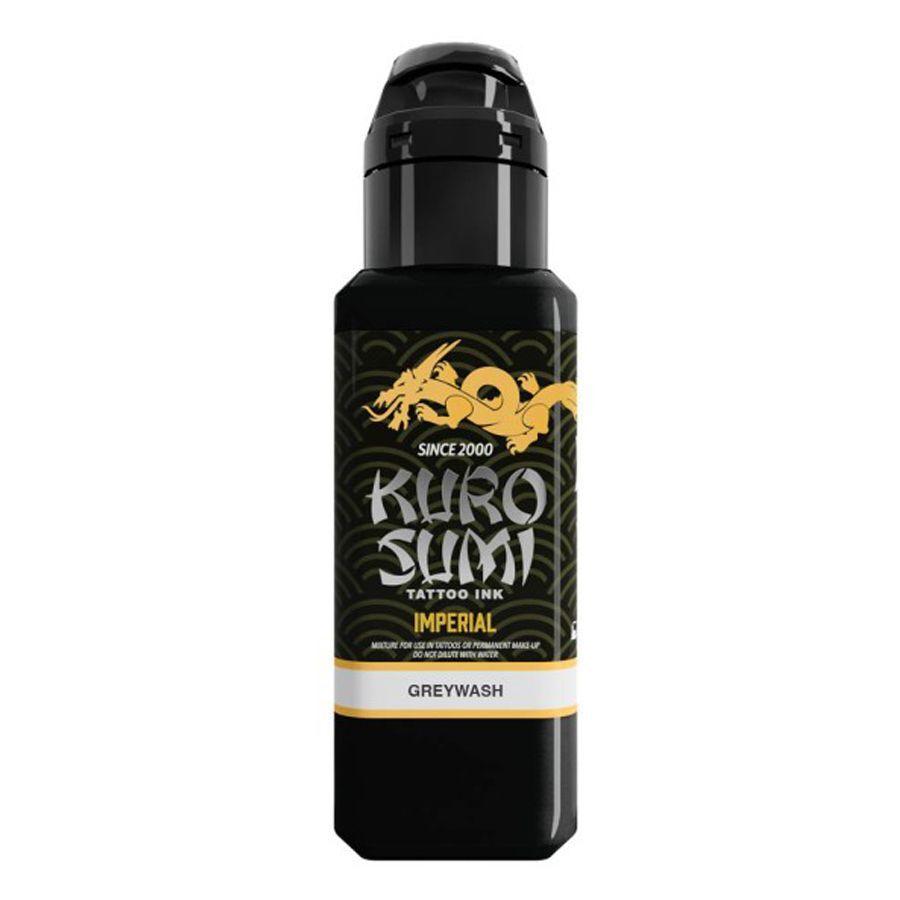 Kuro Sumi Tattoo Ink Gris 44ml Flacon noir de Kuro Sumi Tattoo Ink Imperial Soft Greywash sur fond blanc