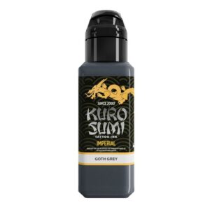 Bouteille de Kuro Sumi Tattoo Ink en Goth Grey sur fond blanc