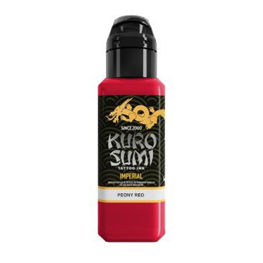 Kuro Sumi Peony Red Tatouage 44ml Encre de tatouage rouge en bouteille avec bouchon noir sur fond blanc