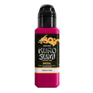 Bouteille de Kuro Sumi Tattoo Ink en rose vif sur fond blanc