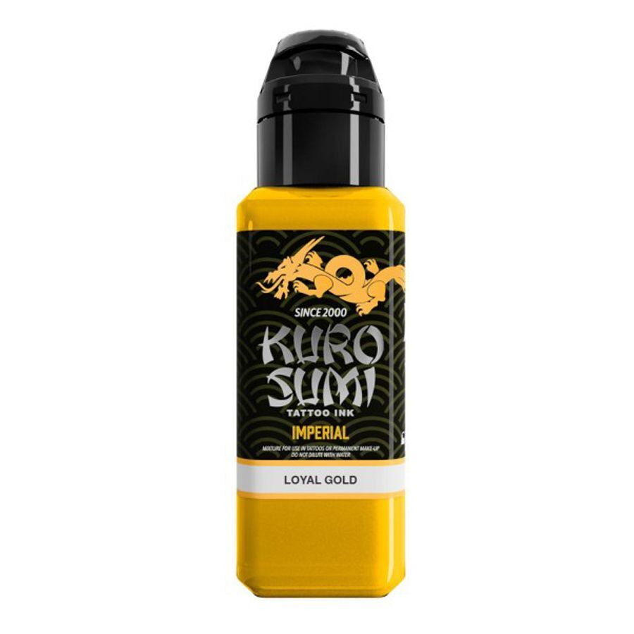 Kuro Sumi Loyal Gold Encre de Tatouage Jaune Encre de tatouage jaune Kuro Sumi en bouteille avec bouchon noir sur fond blanc