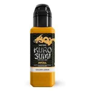 Encre de tatouage jaune Kuro Sumi Imperial en bouteille de 44 ml sur fond blanc