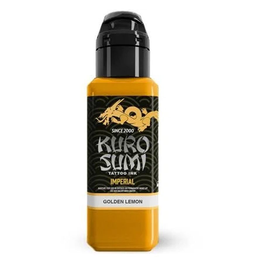 Kuro Sumi Golden Lemon Encre de Tatouage 44 ml Encre de tatouage jaune Kuro Sumi Imperial en bouteille de 44 ml sur fond blanc