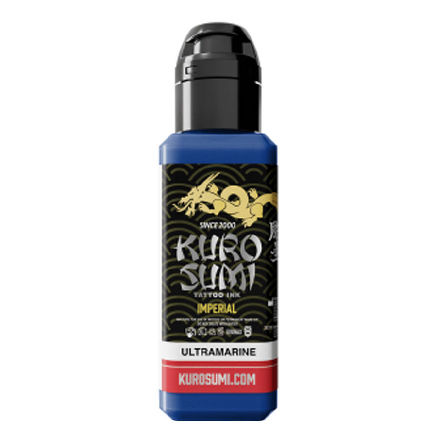 Kuro Sumi Imperial Ultramarine Tattoo Ink 44 ml Bouteille de Kuro Sumi Imperial Ultramarine Tattoo Ink avec étiquette noire sur fond blanc