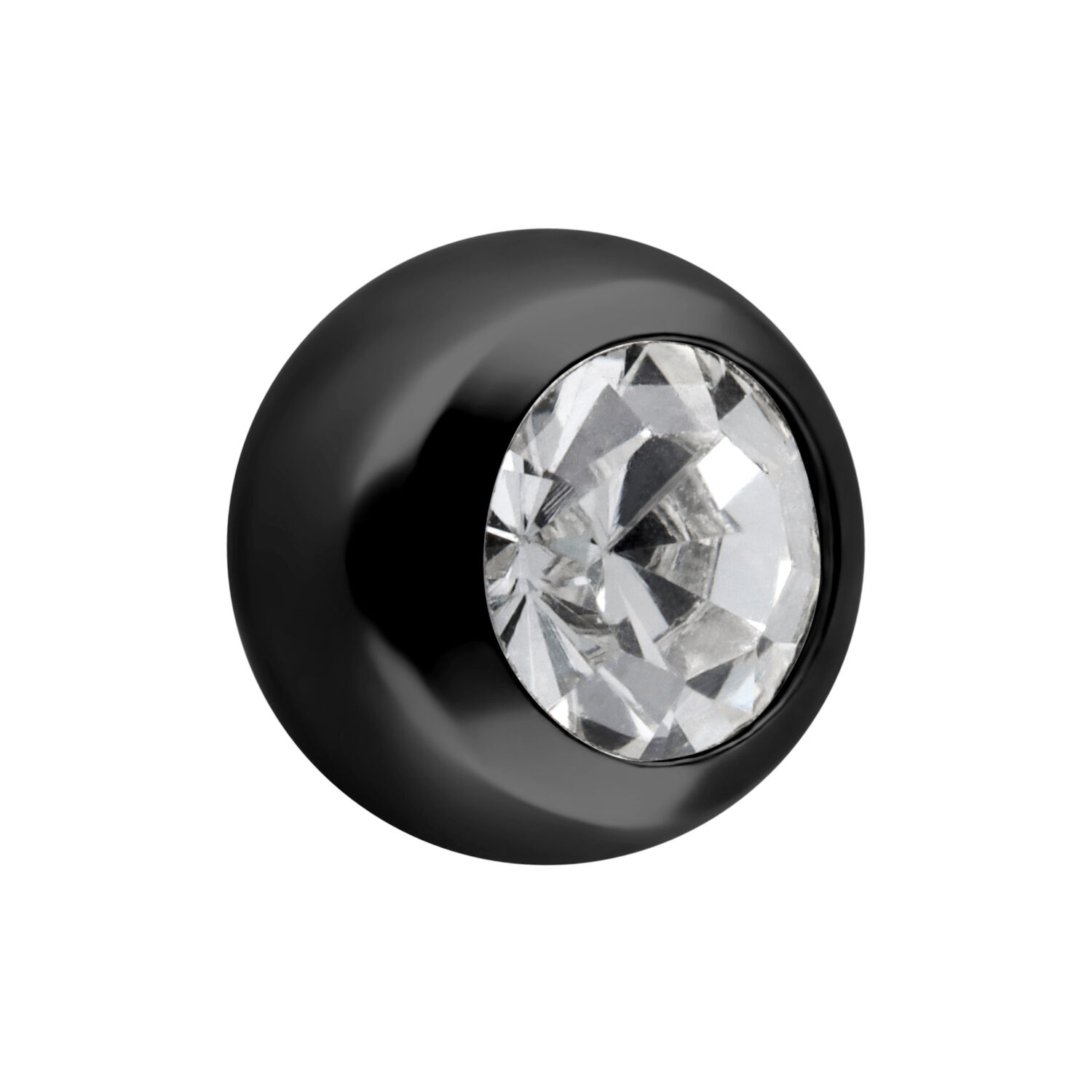 Embout de piercing noir avec cristal clair Embout sphérique noir pour piercings avec cristal clair sur fond blanc