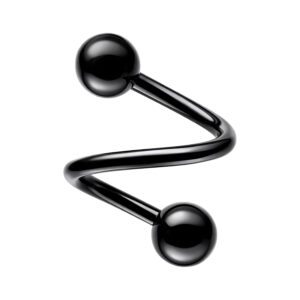 Spirale noire en acier chirurgical avec deux boules sur fond blanc