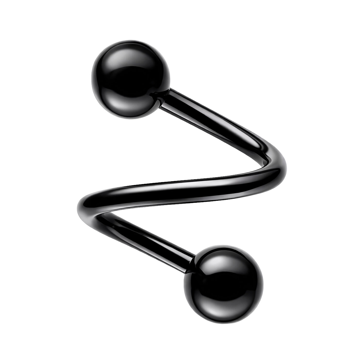 Spirale noire en acier chirurgical avec deux boules sur fond blanc