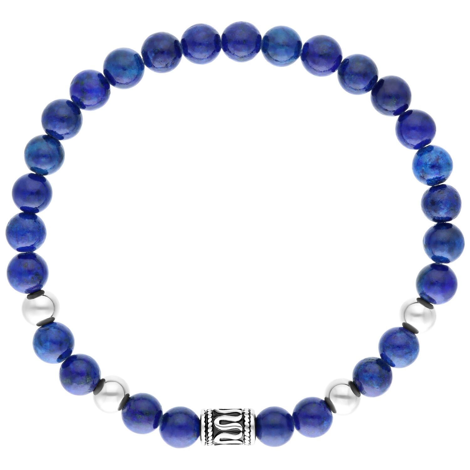 Bracelet en pierres bleues avec perles en argent Bracelet rond en pierres bleues et perles en argent sur fond blanc