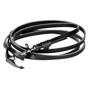 Bracelet en cuir noir avec ancre en acier chirurgical sur fond blanc