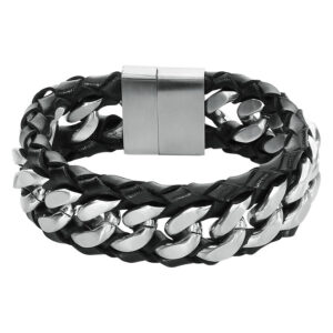 Bracelet en cuir noir avec chaînes en acier inoxydable argentées et fermoir magnétique sur fond blanc