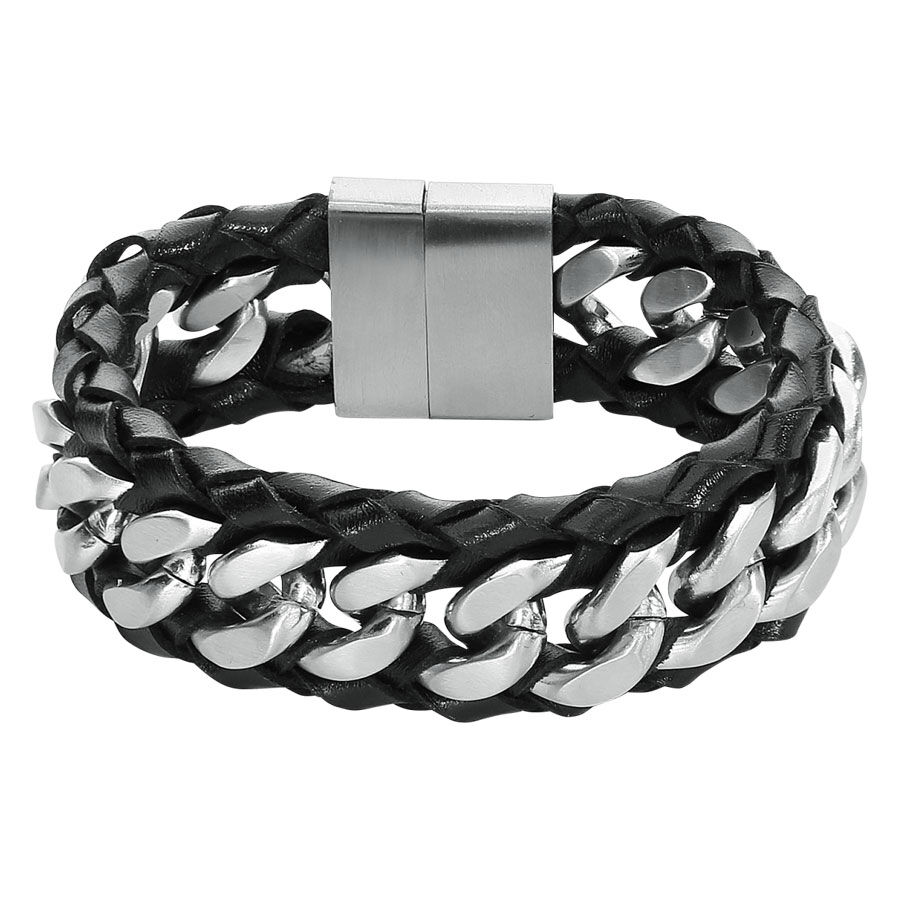 Wildcat Rock Basic Bracelet en cuir Bracelet en cuir noir avec chaînes en acier inoxydable argentées et fermoir magnétique sur fond blanc