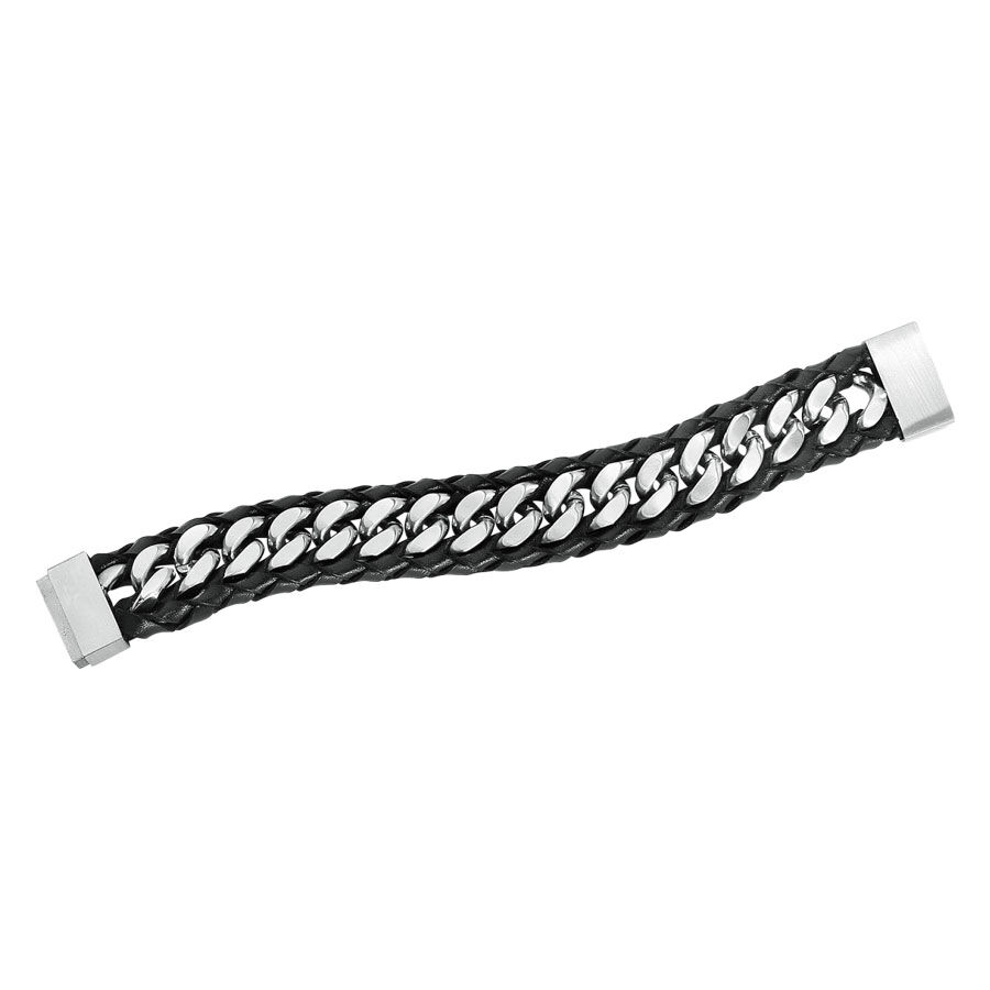 Wildcat® - Bracelet basique Rock en cuir Bracelet en cuir noir avec éléments de chaîne en acier inoxydable argenté sur fond blanc