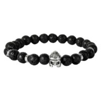 Bracelet Casque Viking en perles de lave Bracelet avec perles de lave noires et casque viking argenté sur fond blanc