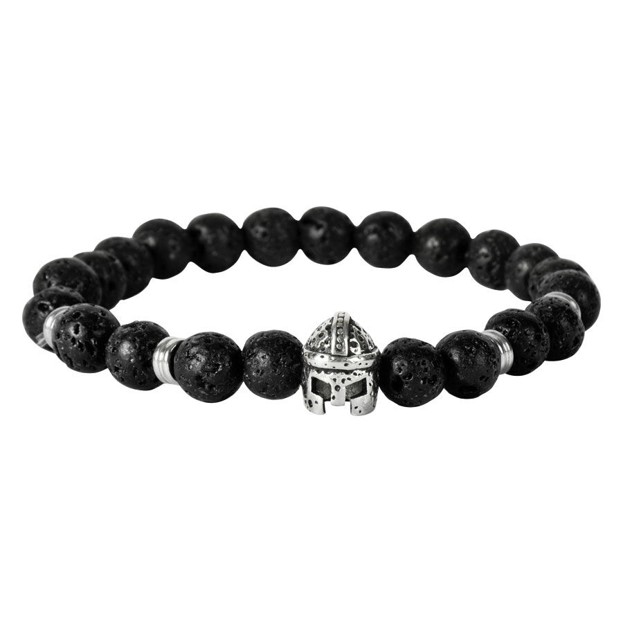 Bracelet Casque Viking en perles de lave Bracelet avec perles de lave noires et casque viking argenté sur fond blanc
