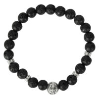 Bracelet casque viking en acier chirurgical Bracelet noir avec perles en pierre ronde et élément casque argenté sur fond blanc