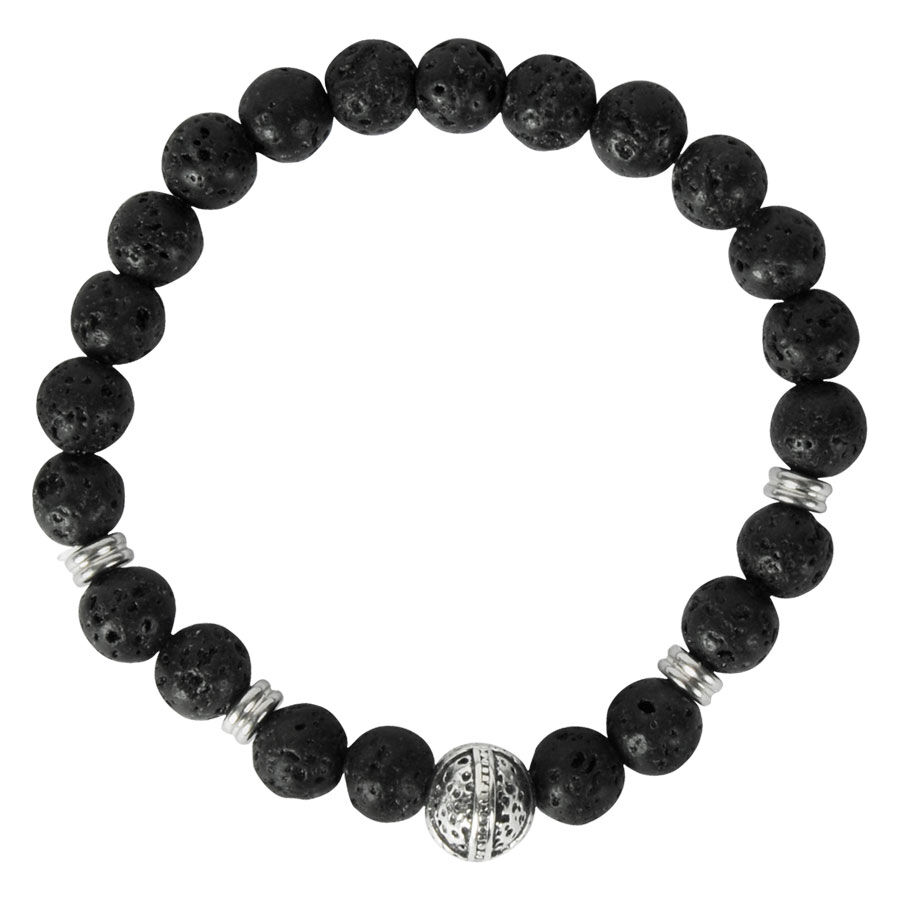 Bracelet casque viking en acier chirurgical Bracelet noir avec perles en pierre ronde et élément casque argenté sur fond blanc