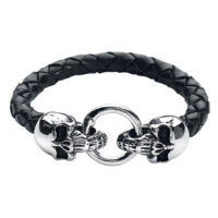 Bracelet en cuir noir avec design tête de mort Bracelet en cuir noir tressé avec deux têtes de mort en argent et une fermeture à anneau