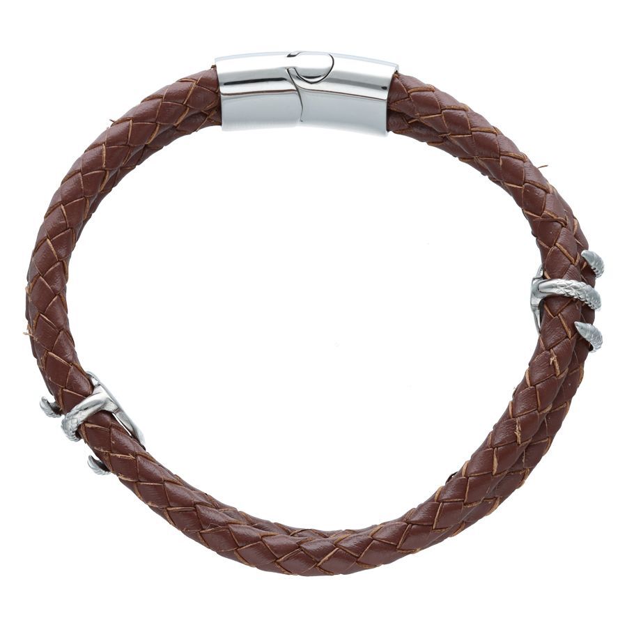 Bracelet en cuir synthétique marron tressé avec fermoir magnétique argenté sur fond blanc