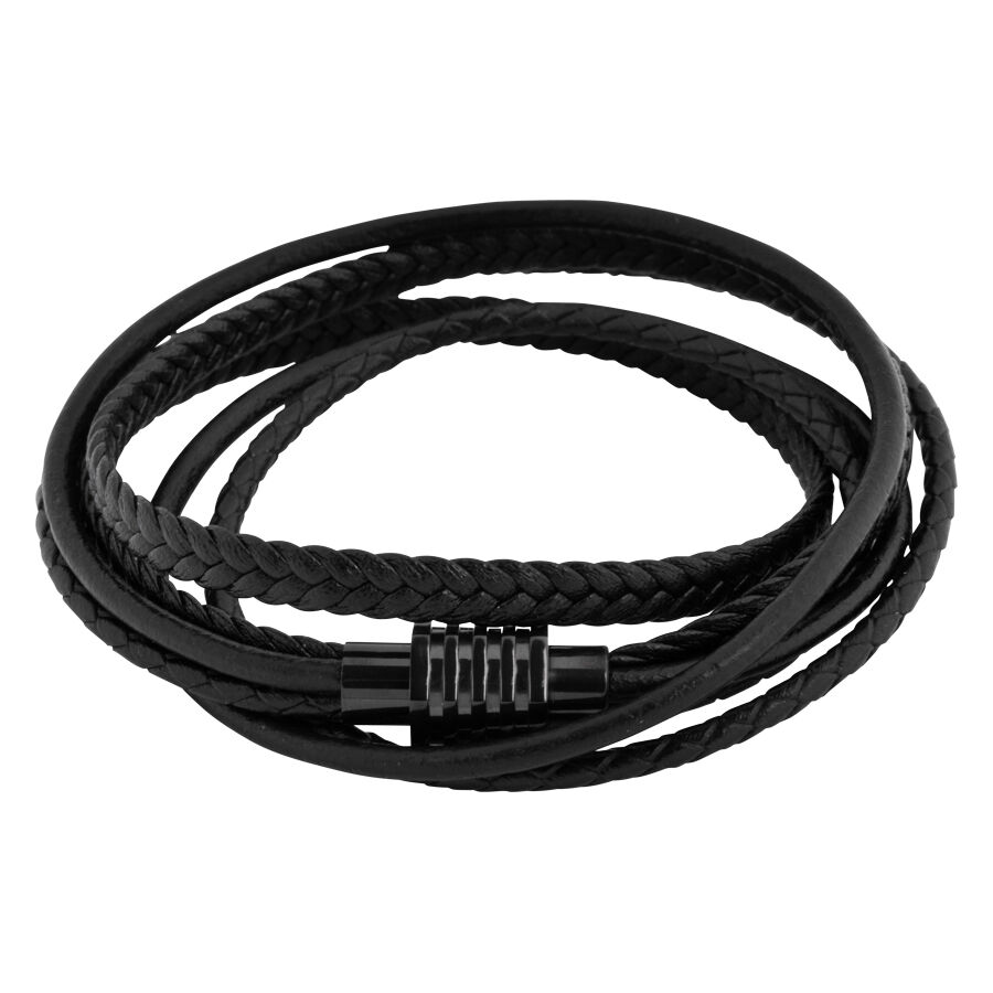Bracelet en cuir noir avec design tressé Bracelet en cuir noir tressé avec fermoir en acier inoxydable sur fond blanc