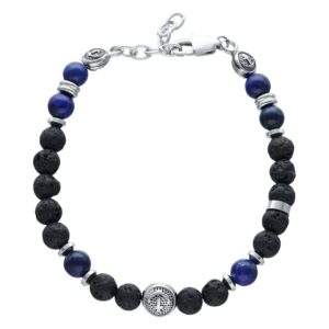Bracelet noir et bleu avec ancre et perles de lave sur fond blanc