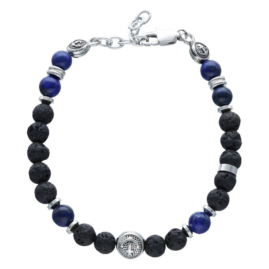 Bracelet unisexe avec ancre et perles de lave Bracelet noir et bleu avec ancre et perles de lave sur fond blanc