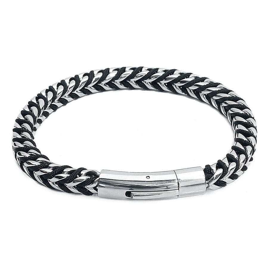 Viper bracelet en nylon et acier chirurgical Bracelet noir et argent en nylon avec fermoir en acier inoxydable sur fond blanc