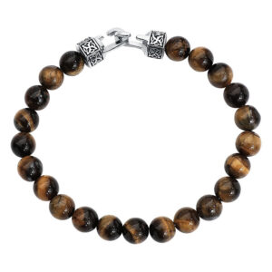 Bracelet unisexe en œil de tigre brun avec fermoir en acier inoxydable sur fond blanc