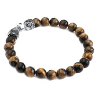 Bracelet Wildcat en œil de tigre et acier Bracelet unisexe en perles d'œil de tigre avec fermoir en acier sur fond blanc