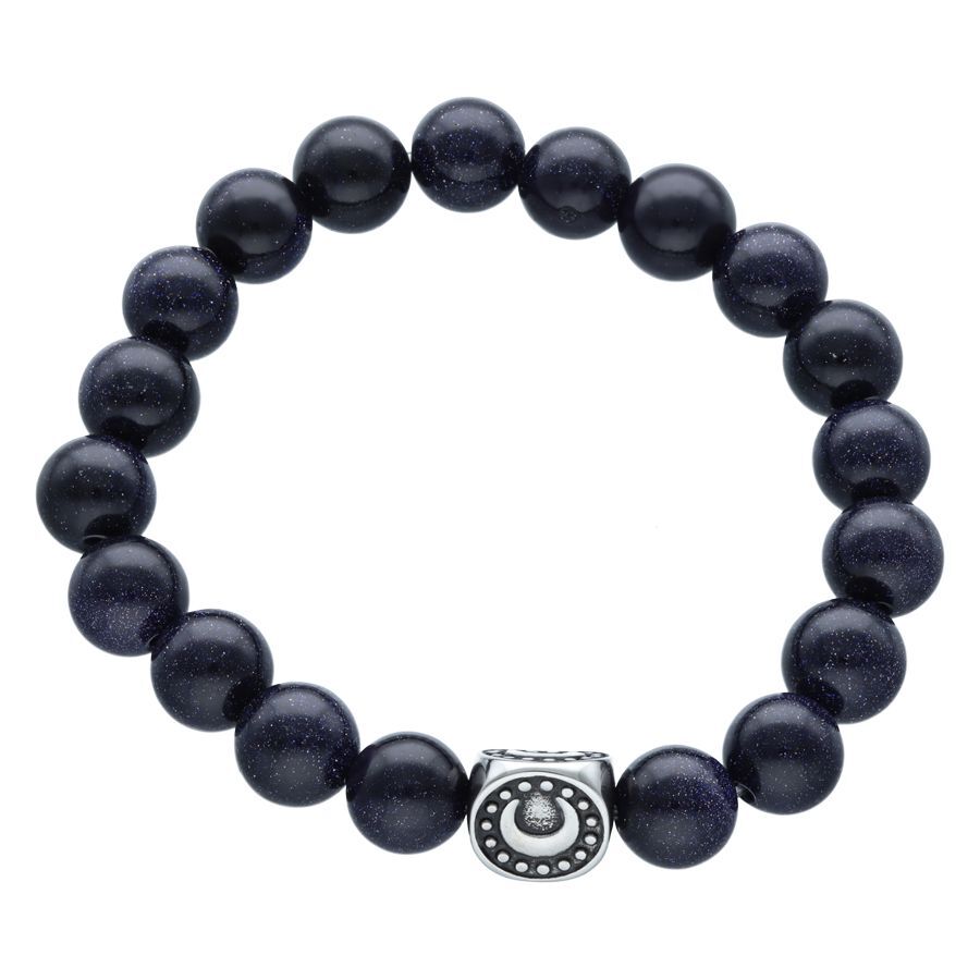 Bracelet Moonshine en cuir synthétique avec perles Bracelet unisexe Moonshine avec perles bleu foncé et détail argenté sur fond blanc