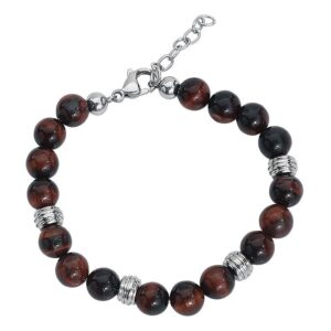 Bracelet brun acajou avec acier chirurgical, perles rouges et noires, détails argentés
