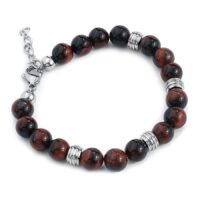 Mahagony Brown bracelet en acier chirurgical Bracelet unisexe en pierres brunes et éléments argentés sur fond blanc