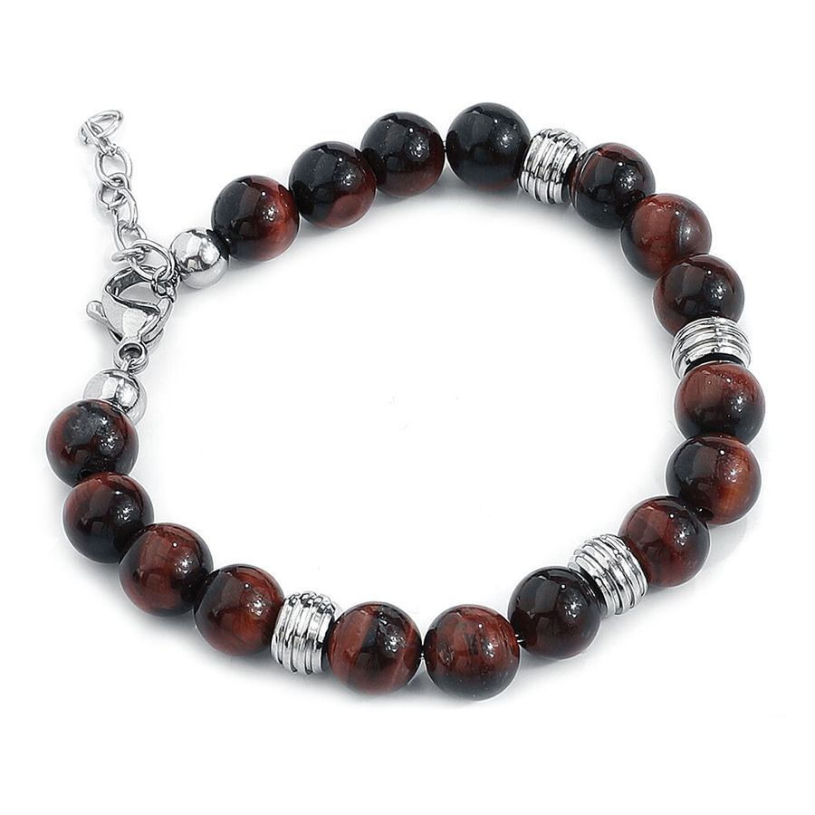 Mahagony Brown bracelet en acier chirurgical Bracelet unisexe en pierres brunes et éléments argentés sur fond blanc