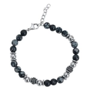 Bracelet noir avec pierres et perles en acier chirurgical sur fond blanc