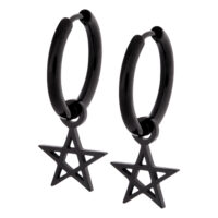 Boucles d'oreilles pentagramme noires en acier inoxydable Deux boucles d'oreilles en acier inoxydable noir avec pendentif pentagramme sur fond blanc