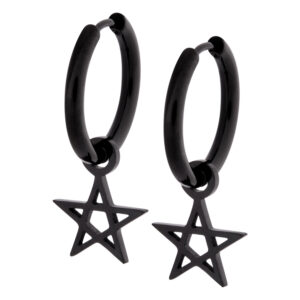 Deux boucles d'oreilles en acier inoxydable noir avec pendentif pentagramme sur fond blanc