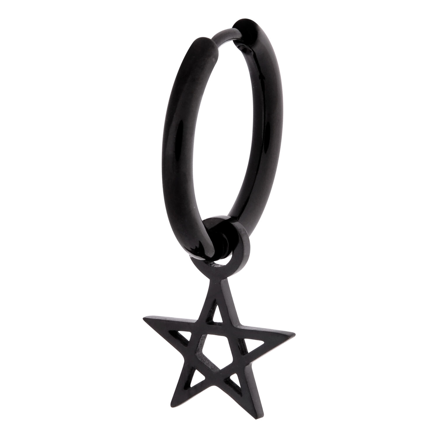 Boucles d'oreilles pentagramme noires en acier inoxydable Boucle d'oreille noire avec pendentif pentagramme sur fond blanc