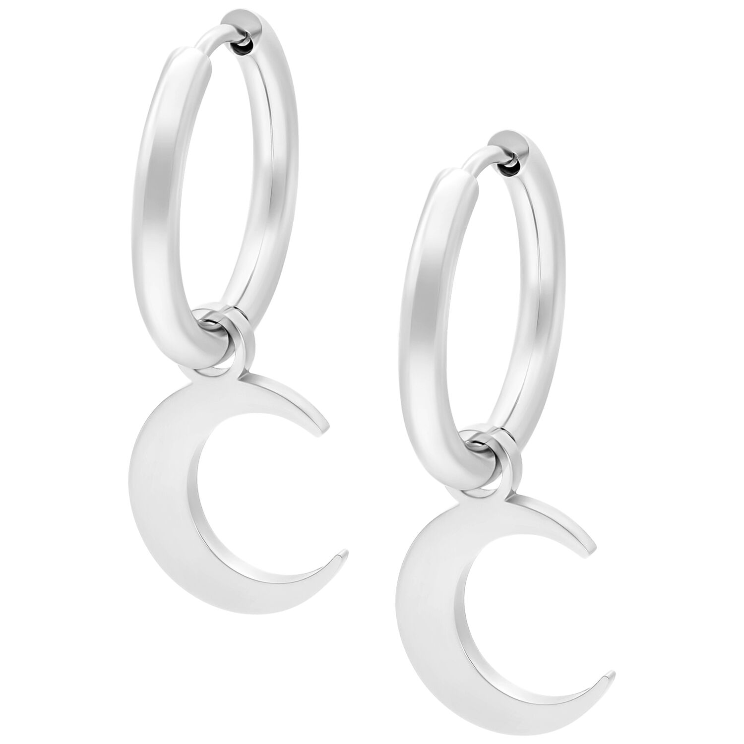 Boucles d'oreilles Little Moonchild argentées Boucles d'oreilles argentées avec pendentif demi-lune sur fond blanc