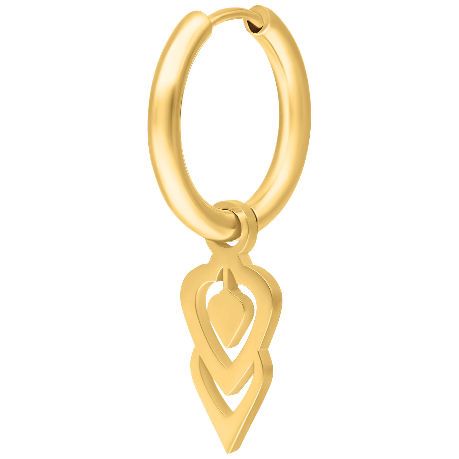 Créoles Little Balisuta dorées en acier inoxydable Créole dorée avec double pendentif cœur sur fond blanc