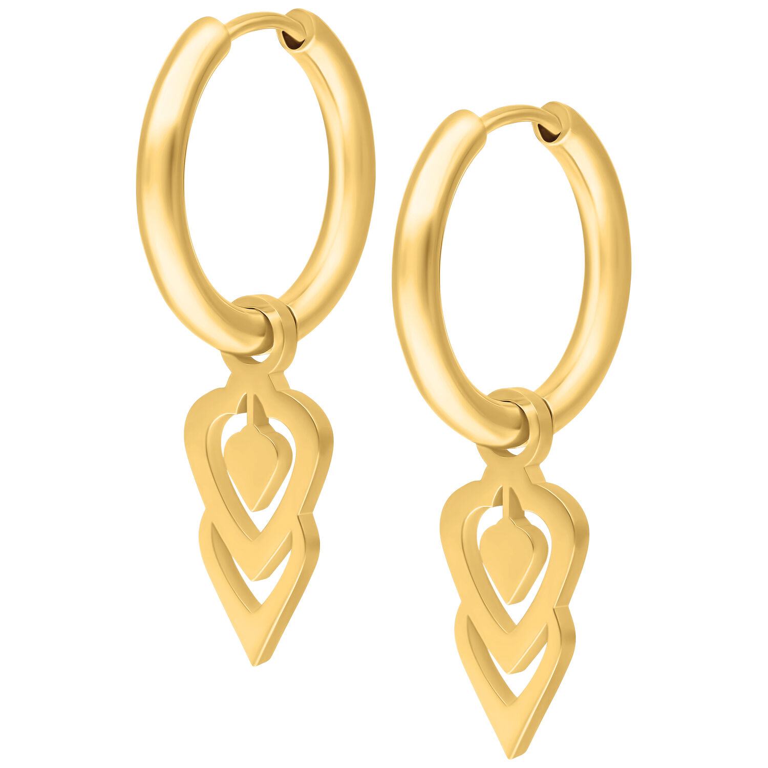 Boucles d'oreilles Little Balisuta Hoops dorées Hoops en acier inoxydable doré avec pendentif unique sur fond blanc