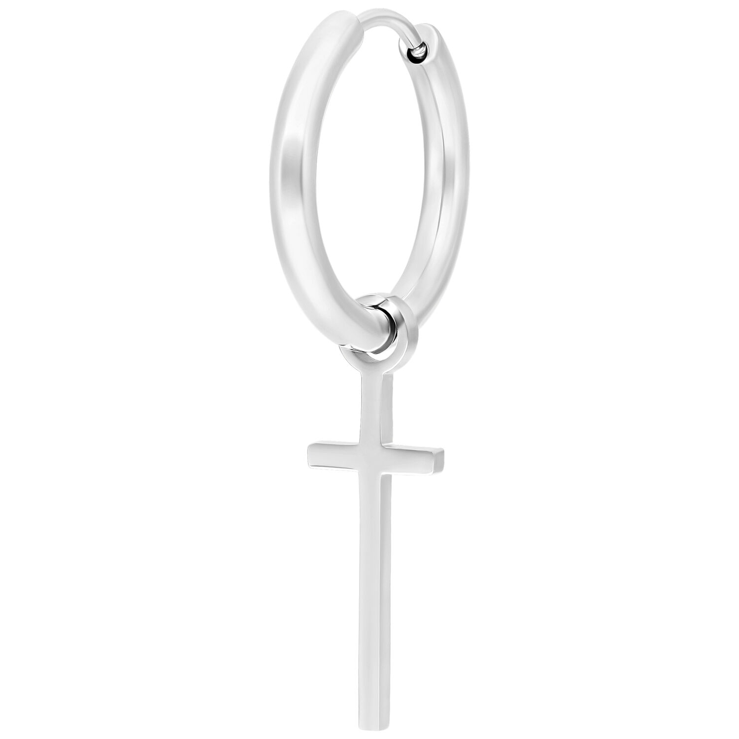 Boucles d'oreilles Little Cross Hoops argentées Boucle d'oreille argentée avec pendentif croix sur fond blanc