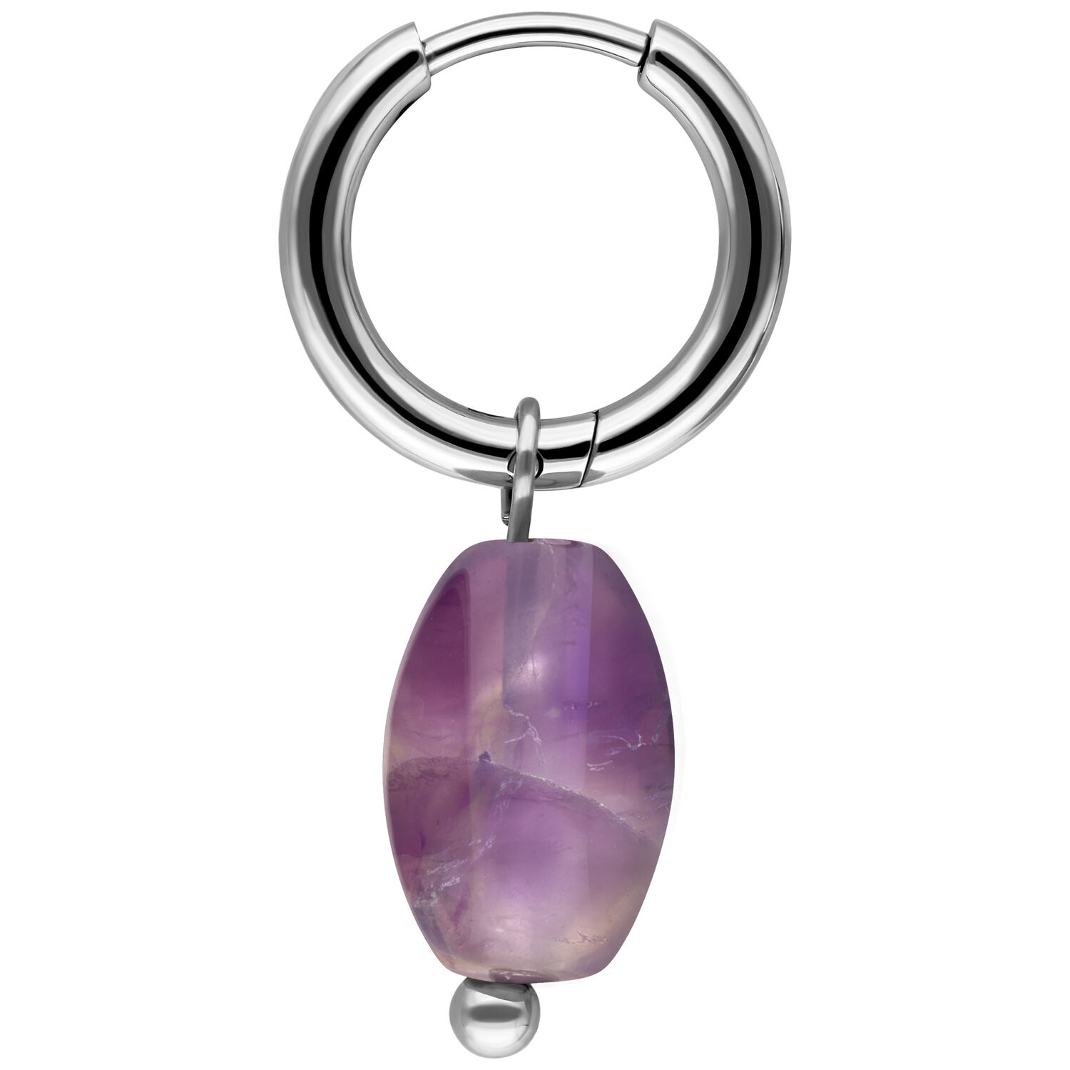 Créoles argentées avec pendentif améthyste Créole argentée avec un pendentif améthyste violet sur fond blanc